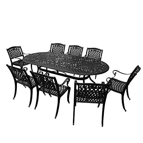 Oakland Living 1025-1855(8)-LBK Modern Outdoor Mesh Lattice Aluminum 95-in Large Black Oval Patio Eight Arm Chairs Dining Set
