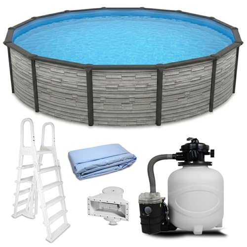 Blue Wave Montilla 18-ft Round 52-in Deep Hard Sided Steel Frame Above Ground Pool with 6-in Steel Top Seats, 0.5 HP Sand Filter System, Ladder, Skimmer & Liner – 7,200-Gallon Capacity for Family Use