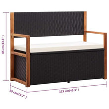 Favemtsl 45.3" Outdoor Storage Bench - Poly Rattan Garden Bench with Solid Acacia Wood Armrests, Large Capacity Patio Seat with Removable Cushion for Backyard, Porch and Indoor Use, Black
