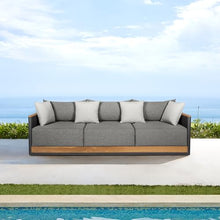 Armen Living Artesia Outdoor Patio Sofa in Teak Wood and Black Rope with Dark Gray Olefin Cushions