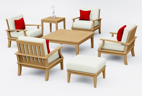 WholesaleTeakFurniture Somer 7 Piece Teak Wood Lounge Chair Set: 4 Lounge Chairs, Ottoman, Square Coffee Table & Square Side Table with Cushions in Outdoor Sunbrella Fabric #5404 Canvas Natural