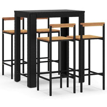 Molumvel 5 Piece Patio Bar Set, Outdoor Pub Furniture with PE Rattan Table and 4 Acacia Wood Stools, Weather-Resistant Garden Dining Bar Counter, Black