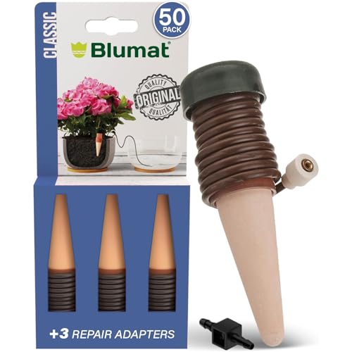 Blumat Classic Self-Watering Stakes - Prevents Overwatering and Underwatering for Healthy Growth While You are Away - Ideal for Indoor Plant Watering, 50 Pack, w Adapter
