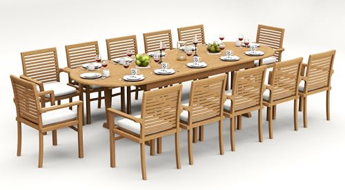 WholesaleTeak 12 Seats 13 Pcs Grade-A Teak Wood Dining Set: 118" Double Extension Mas Oval Trestle Leg Table and 12 Mas Stacking Arm Chairs #11MS2712