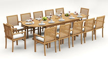 WholesaleTeak 12 Seats 13 Pcs Grade-A Teak Wood Dining Set: 118" Double Extension Mas Oval Trestle Leg Table and 12 Mas Stacking Arm Chairs #11MS2712
