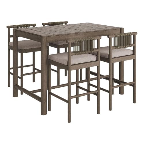 Modway Eleni 5-Piece Outdoor Teak Wood Bar Set in Weathered Gray Pebble – 56 Inch Rectangular Patio Bar Table with 4 Bar Chairs