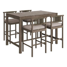 Modway Eleni 5-Piece Outdoor Teak Wood Bar Set in Weathered Gray Pebble – 56 Inch Rectangular Patio Bar Table with 4 Bar Chairs