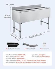 VEVOR Commercial Ice Bin, 137.4 Qt Max Capacity, 48 x 19 x 33 Inch Stainless Steel Ice Chest with Sliding Lid and Bottle Holders, Cooler Cart Cocktail Unit for Bar Restaurant Pub, NSF Certified