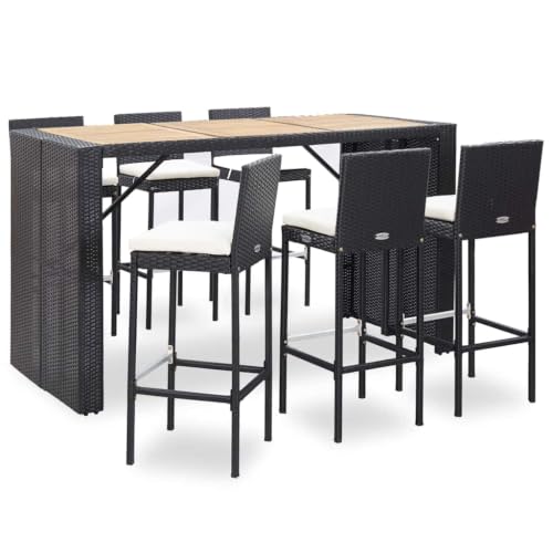 LPERTGFHU 7-Piece Patio Bar Set, Poly Rattan Outdoor Garden Furniture with Acacia Wood Tabletop and Cushioned Stools, Black