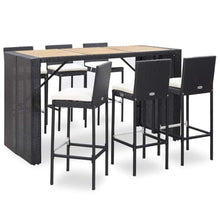 LPERTGFHU 7-Piece Patio Bar Set, Poly Rattan Outdoor Garden Furniture with Acacia Wood Tabletop and Cushioned Stools, Black
