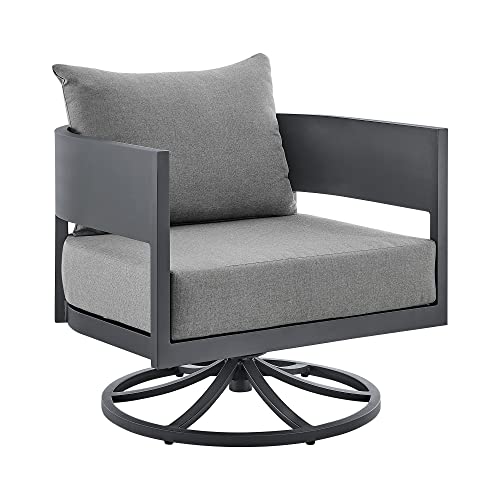 Armen Living Argiope Outdoor Patio Swivel Rocking Chair in Grey Aluminum with Cushions