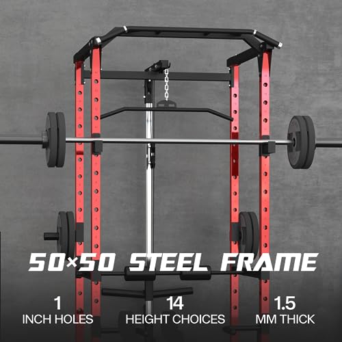 Mappding Power Cage with LAT Pulldown, Multi-Functional Squat Rack Red