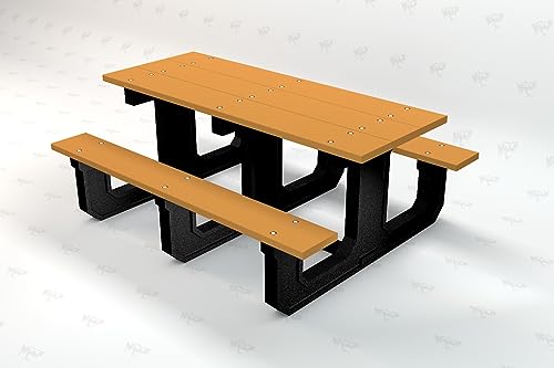 Frog Furnishings Park Place Table and Bench Seat Heavy Duty Portable Outdoor Good Bases All Weather Backyard Poolside Dining Party Garden Patio Lawn- Brown Slat (6ft.Ada)