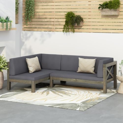 lafengyan X-Back Corner Bench with Acacia Wood Frame and Water-Resistant Cushions for Outdoor Patio, Deck or Garden Seating