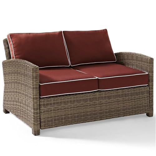 Afuera Living Modern Wicker Patio Loveseat, Brown and Sangria Finish, 56 in Wide, Weather-Resistant Resin Wicker, UV-Resistant Polyester Cushions, Deep Seating Outdoor Furniture for Patio or Garden