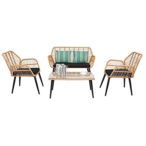 DERTHWER Outdoor Furniture Outdoor Rattan Rattan Chair PE Steel Four-Piece Patio Furniture Cover Yellow