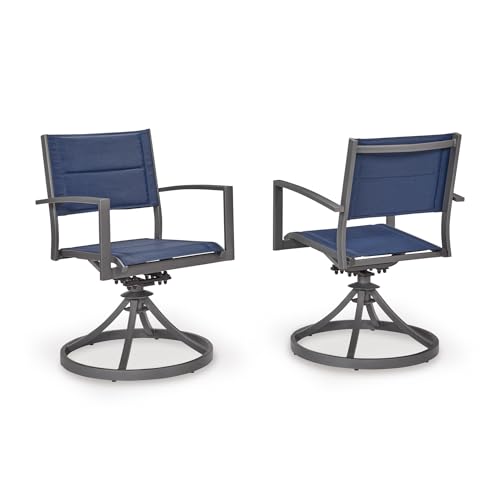 Signature Design By Ashley Point Bonita Swivel Outdoor Chair, 360-Degree Motion, Aluminum Frame With Padded Sling Seat For Patio Or Porch, All-Weather Gray/Blue, Set of 2
