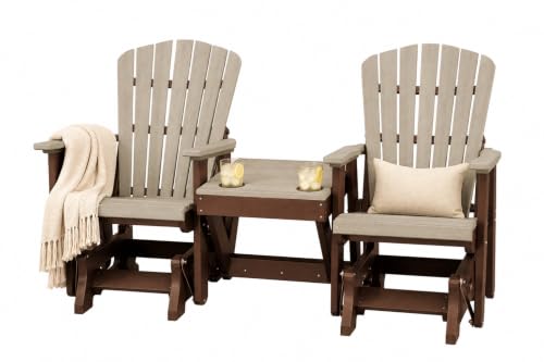 DutchCrafters Slat Fan Back Double Poly Adirondack Glider Outdoor Patio Chairs with Center Table (Tudor Brown & Weatherwood)