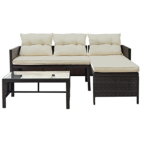 DUYHBAWRS 3 PCS Outdoor Patio Rattan Furniture Set Include 1 Sofa Lounge Coffee Table with Beige Cushions