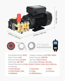VEVOR Electric Pressure Washer Pump Kit, 1220 PSI, 2.2 GPM, Triplex Power Washer Pump with 2 HP Motor 120 V, Adjustable Water Pressure, for Washing Cars, Gardens, Exterior Walls, Machinery Equipment