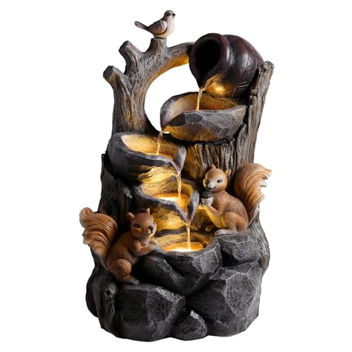 Squirrel Outdoor Water Fountain with LED Lights Waterfall Garden Decor Resin Stump for Patio Patio Porch, 30.1 Inch Tall