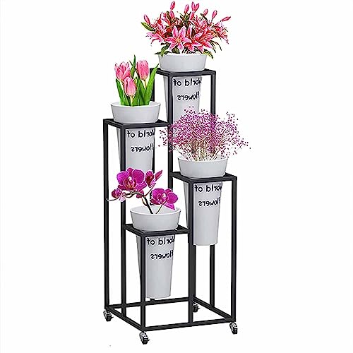 RWGOVLU Potted Plant Stand Holder Flower Cart Display Stand With Wheels Planter Display Shelf With 4 Pcs Round Flower Bucket