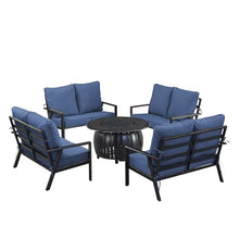 Oakland Living Black Aluminum Patio Fire Table Set with Four Deep Seating Loveseats with Cushions with Blue Cushions