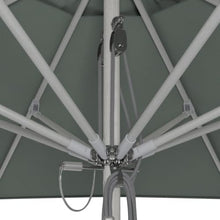 OROTLECT 11 Foot Grey Wood Aluminum Patio Umbrella With Fiberglass Ribs And Pulley Lift In Spectrum Mist Sunbrella