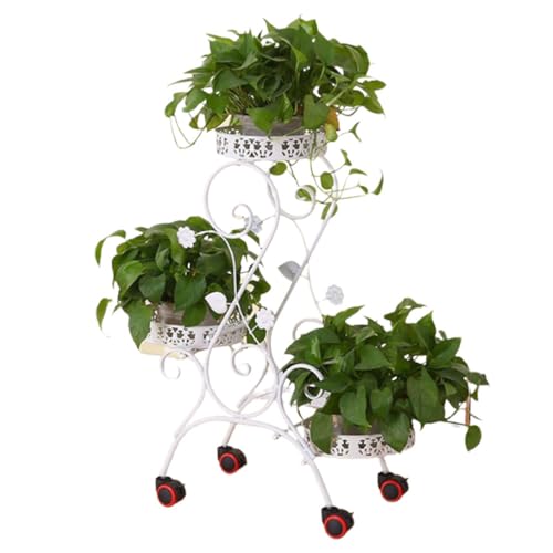 JOTDPFRYK Modern Metal Plant Stand Durable Shelf Rack with Wheels Indoor Outdoor Flower Rack 3 Tier Corner Flower Pot Holder Stands French Tiered Wrought Iron Plant Display Rack for Patio Living Room