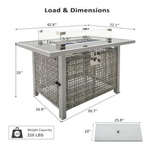 Propane Gas Fire Pit Table, Outdoor Fire Pits & Fireplaces, 60000 BTU Rectangular Open Weave Wicker Fire Pit with Glass Wind Cover for Outside Patio Deck Garden Backyard, Grey