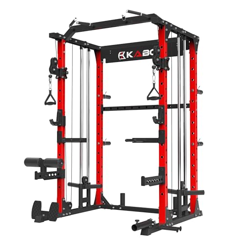 KABOR Power Cage 1800lbs Multi-Functional Power Rack with Dual Pulley System and Leg Holder TL100 Red