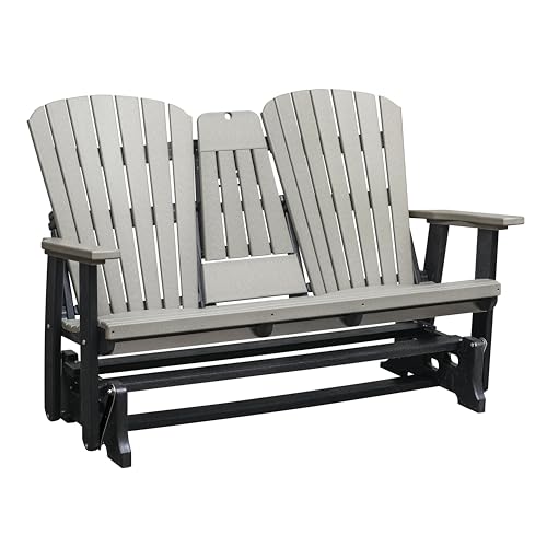 American Furniture Classics Model 524LGB Two Seat Fan Back Glider with Drop Down Table/Cup Holder in Light Gray with Black Base, Made in The USA