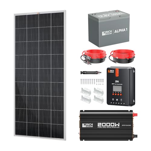 RICH SOLAR 200 Watt Complete Solar Kit - 200W Monocrystalline Solar Panel, 20A MPPT Charge Controller, 12V 100Ah Battery, 2000W Inverter