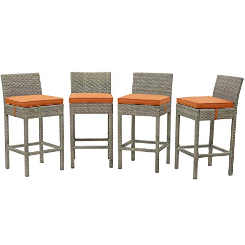 Contemporary Outdoor Patio Garden Bar Side Stool Chair, Set of Four, Fabric Rattan Wicker, Orange