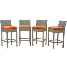 Contemporary Outdoor Patio Garden Bar Side Stool Chair, Set of Four, Fabric Rattan Wicker, Orange