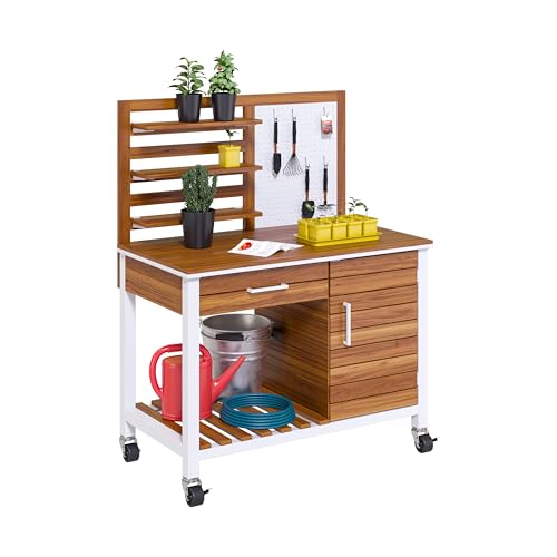 Seville Classics Home 48" Outdoor Garden Potting Bench Table – Heavy Duty Workstation, w/Cabinet, Drawer & Open Shelf, Acacia Wood & Steel Frame, White, 48" W x 25" D