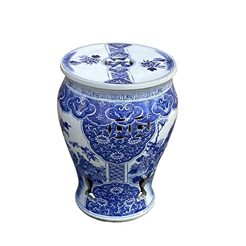 Orientliving Chinese Blue & White Porcelain Flower Birds Large Round Stool Table