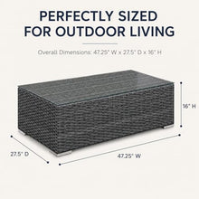 Golden Flame Long Outdoor Coffee Table, Rectangular Patio Wicker Coffee Table with Tempered Glass Top, HDPE Resin Wicker, Aluminum Frame, Brushed Aluminum Feet, Textured Slate