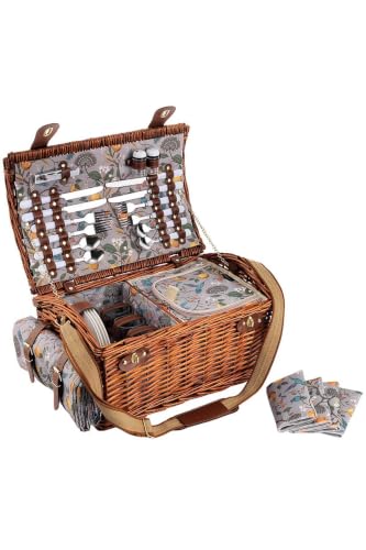 4 Person Picnic Basket Hand-Woven Wicker Picnic Set with Brown Gingham Lining and Insulated Compartment - 25.6 x 13 x 9.8 inches