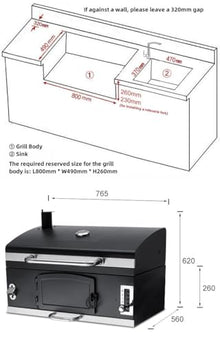 Built-in Charcoal BBQ Grill with Thermometer, 6-Level Adjustable Tray, Cast Iron Grates, Front Charcoal Door, 4-Layer Coated Steel, 74×42cm Cooking Area for Outdoor Patio Use