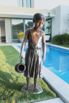 NIFAO Large Bronze Girl Fountain with Water Jug Garden Statue 17"x12"x39"H