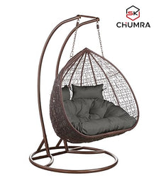 SK CHUMRA Premium 2-Person Hanging Egg Chair with Stand – Bronze Wicker Loveseat with Brown Cushions for Indoor & Outdoor Use (Dark-Brown Frame with Gray Cushion)