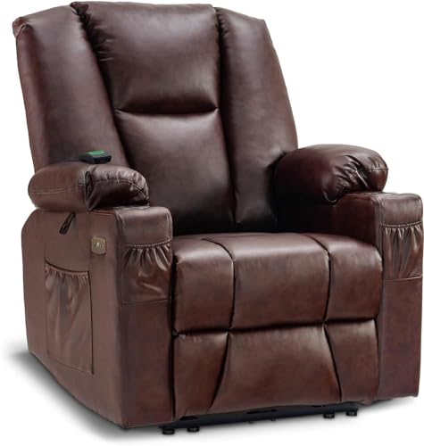 Brown Leather Power Lift Recliner Chair for Adults, Comfortable Overstuffed Electric Recliner with USB Ports, Cup Holders, Small Living Room Home Theater Seating