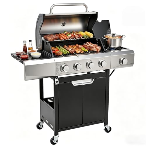 EUHOME Upgraded 51,000 BTU 4-Burner Propane Gas Grill with Side Burner – Large 452 sq.in Porcelain-Enameled Cast Iron Grates, Stainless Steel Body, 4 Swivel Casters for Backyard Patio & Tailgating