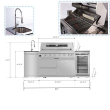 85Inch Stainless Steel Gas Grill Island for Outdoor Kitchen Bar Barbecue | 6-Burner, 85000 BTU, Wine Cooler, Compact Refrigerator, Rotisserie, Granite Countertops, Storage Cabinets & Drawers