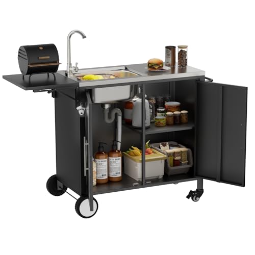 KEIKI Outdoor Grill Table with Sink & Foldable Worktop, 304 Stainless Steel BBQ Cart with Storage Cabinet & Wheels, Outdoor Kitchen Prep Station with Large Basin for Backyard, Garden, Patio
