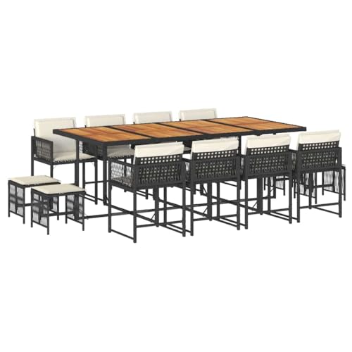 KUPTYERFG 12-Seater Garden Dining Set, Black PE Rattan Outdoor Dining Table with Acacia Wood Top, Foldable Patio Furniture for Backyard Dinner and Gathering, 86.6 x 41.7 x 28.7 in