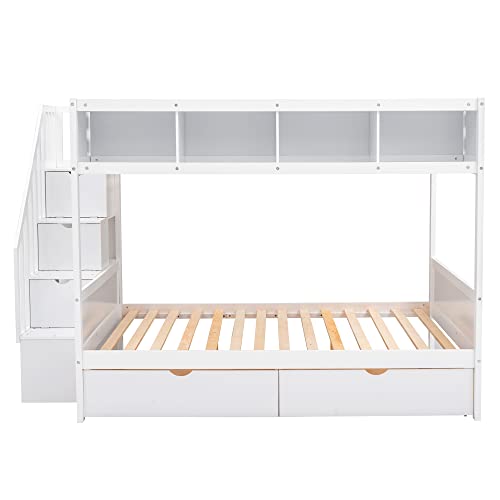 BOVZA Twin Over Full Bunk Bed with Storage Shelves and Staircase White