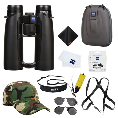 ZEISS 10x42 Victory SF Binoculars Bundle with Harness Strap, Camo Hat, Cleaning Cloth & Lens Wipes (Black/Yellow)