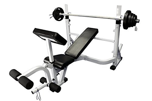Ader Sporting Goods Olympic Universal White Bench w/Bar & 255lbs Gray Easy Grip Olympic Plates Set Black